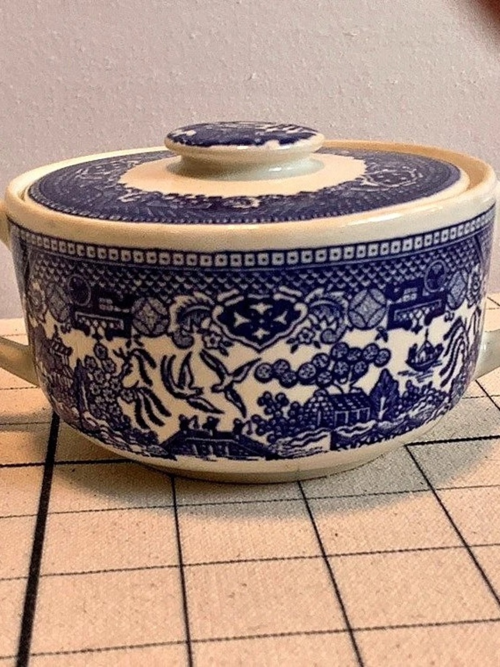 Vintage Blue Willow Lidded Sugar Bowl - Double Handled, unmarked Ironstone